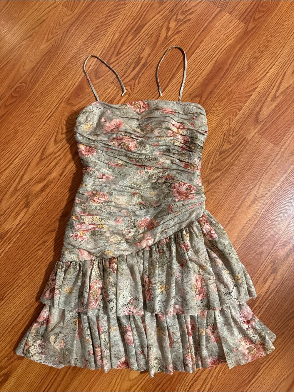 Miss Sixty Floral Tiered Spaghetti Strap Dress in Sage and Pink